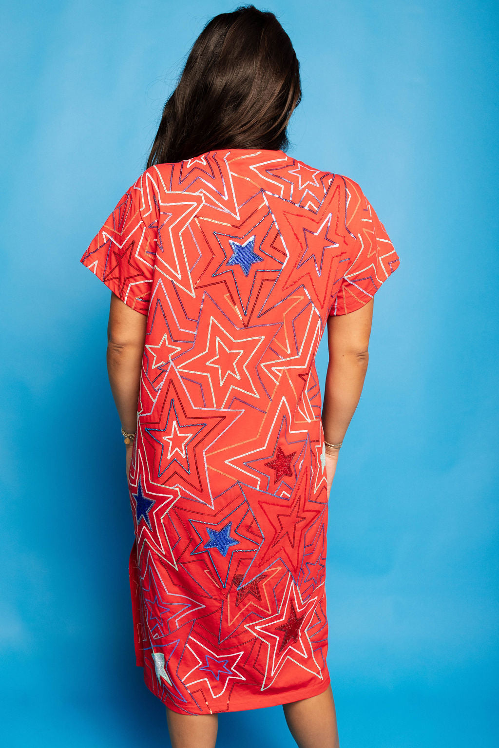 Red, White & Blue Groovy Star Midi Tee Dress