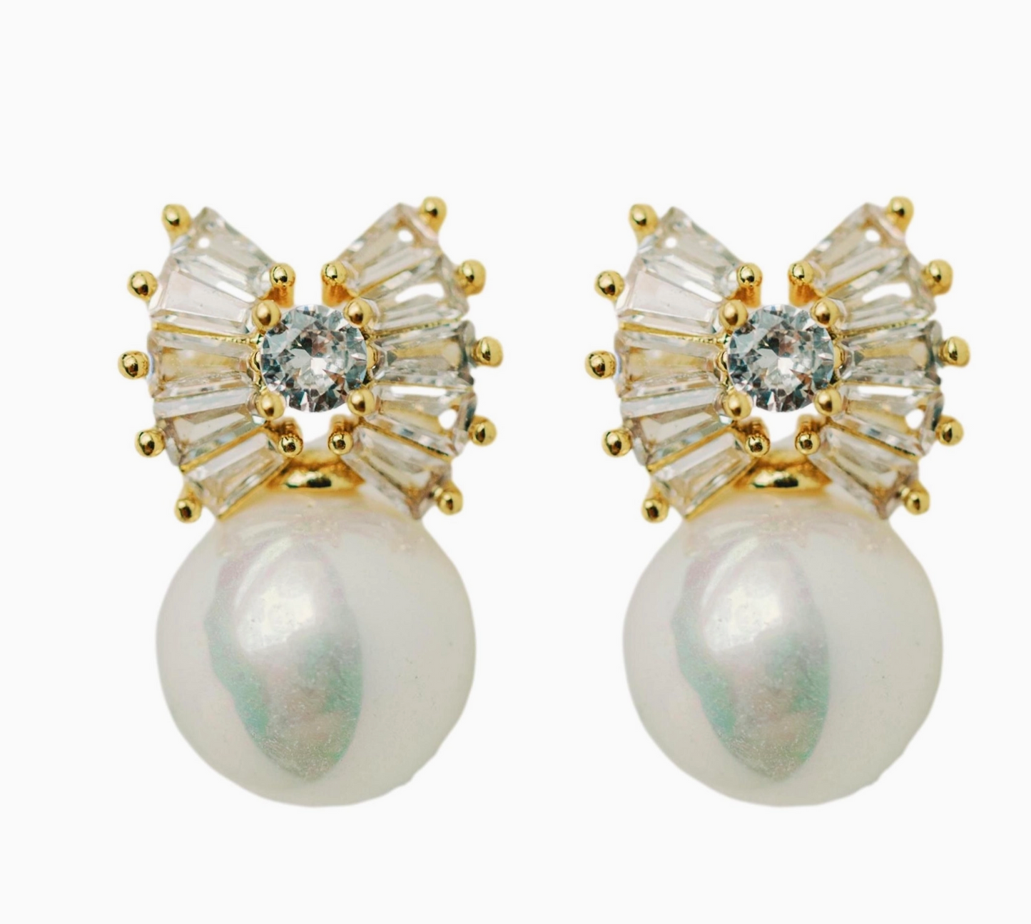 Gold Pearl Sparkler Holiday Statement Bow Earrings