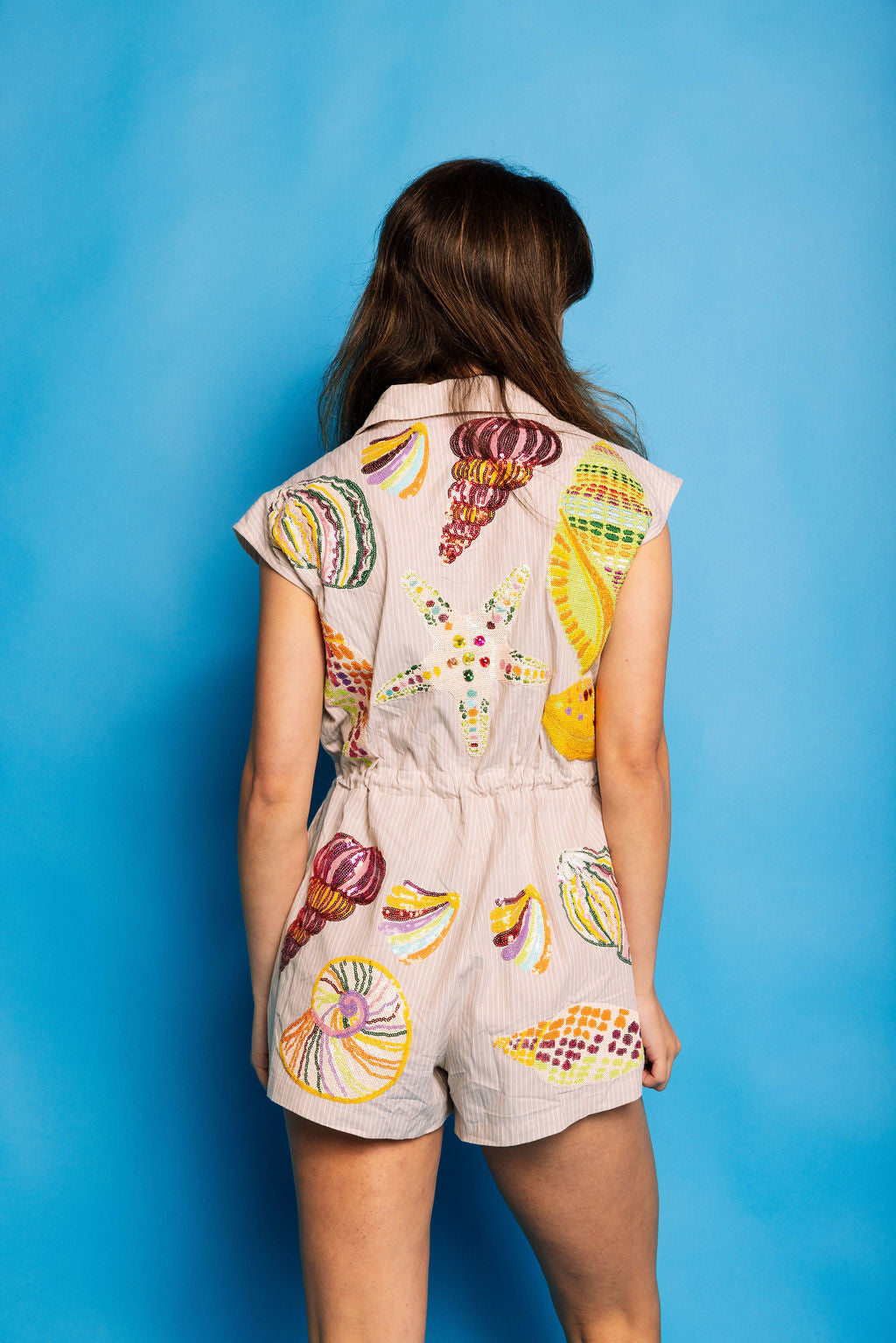 Tan Stripe Multi Shell Tie Collar Romper