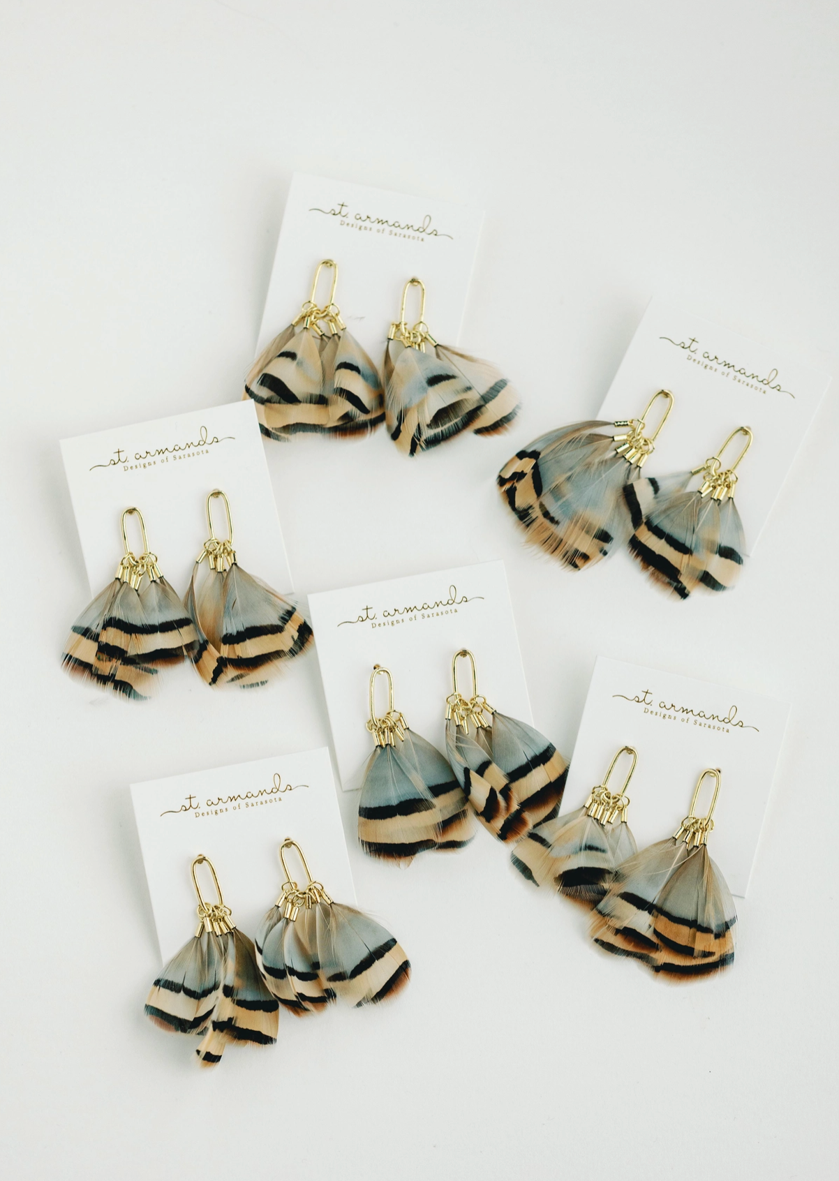 Brown Striped Fall Feather Statement Tassel Earrings