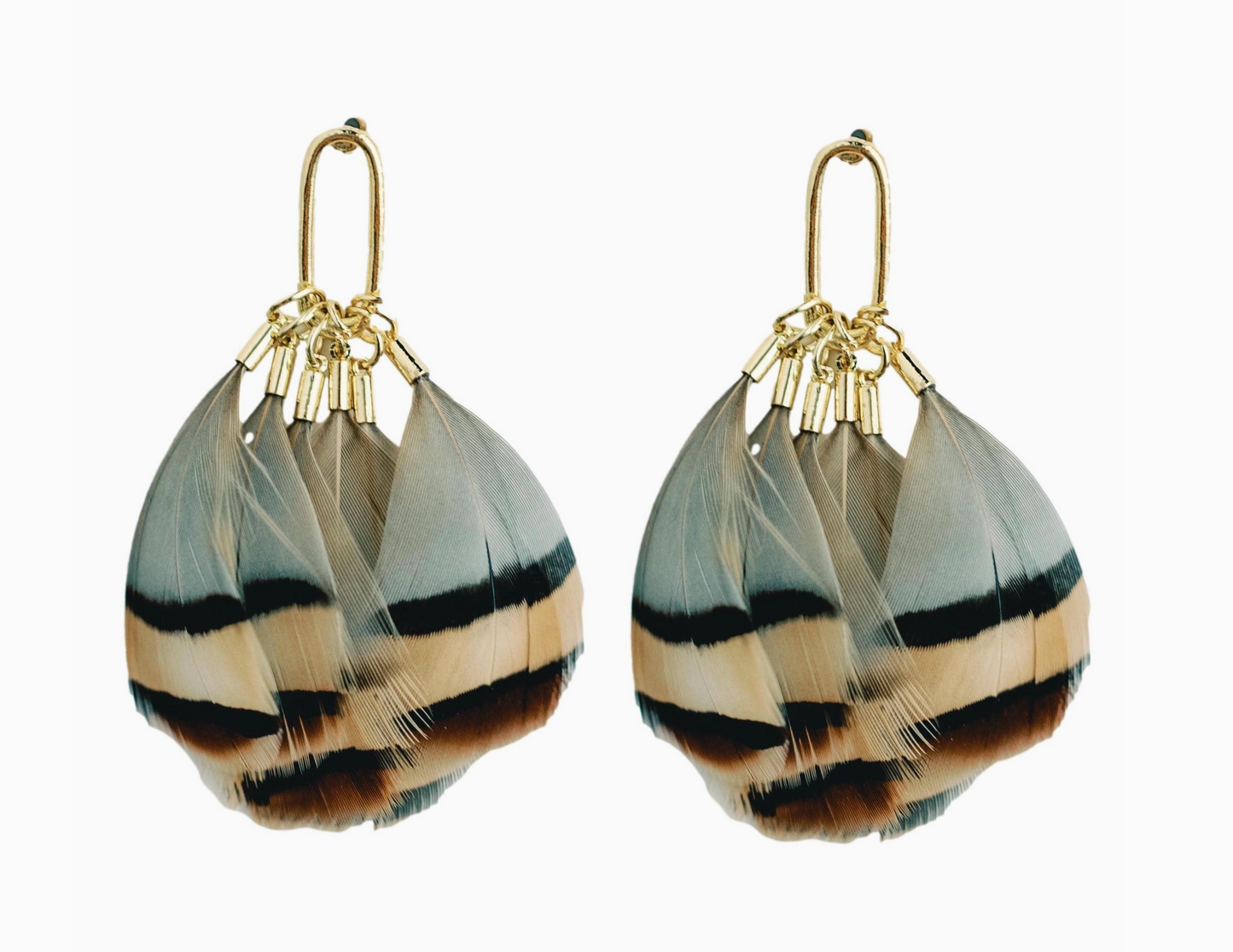 Brown Striped Fall Feather Statement Tassel Earrings