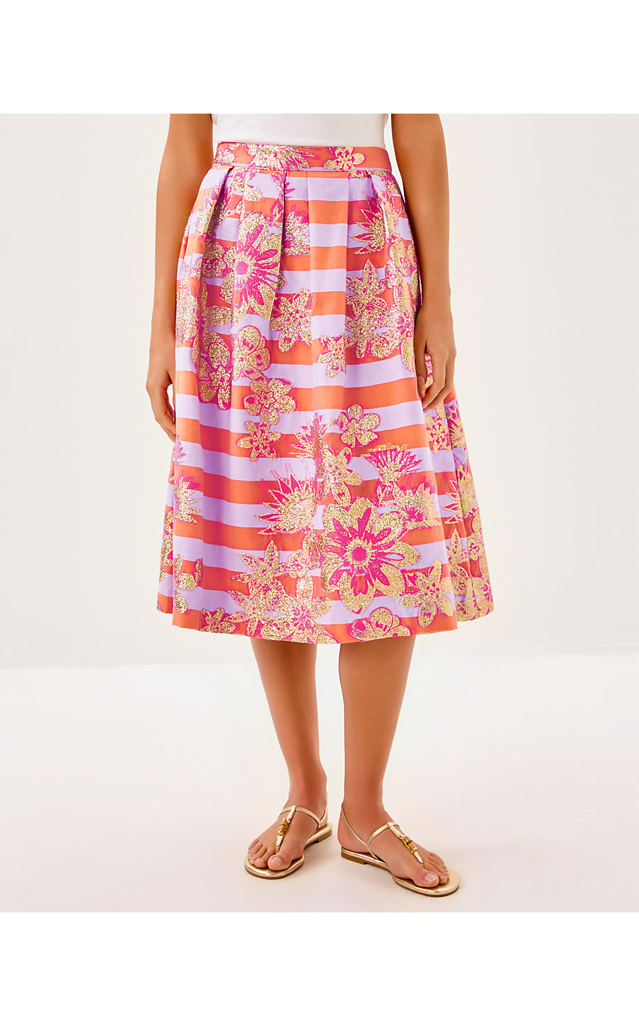 Lauderdale Midi Skirt - Papaya - Metallic Floral Stripe