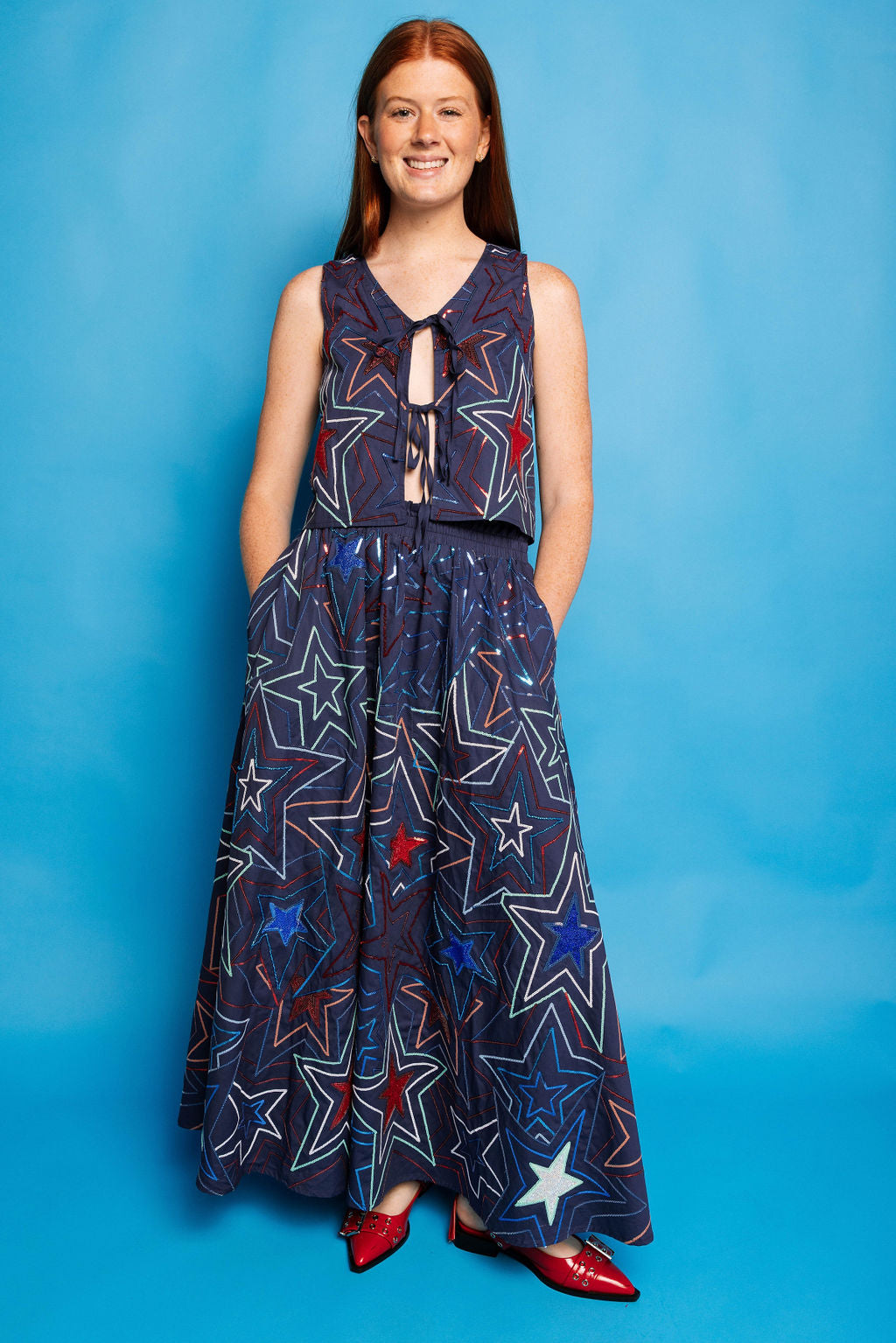 Navy Groovy Star Midi Skirt