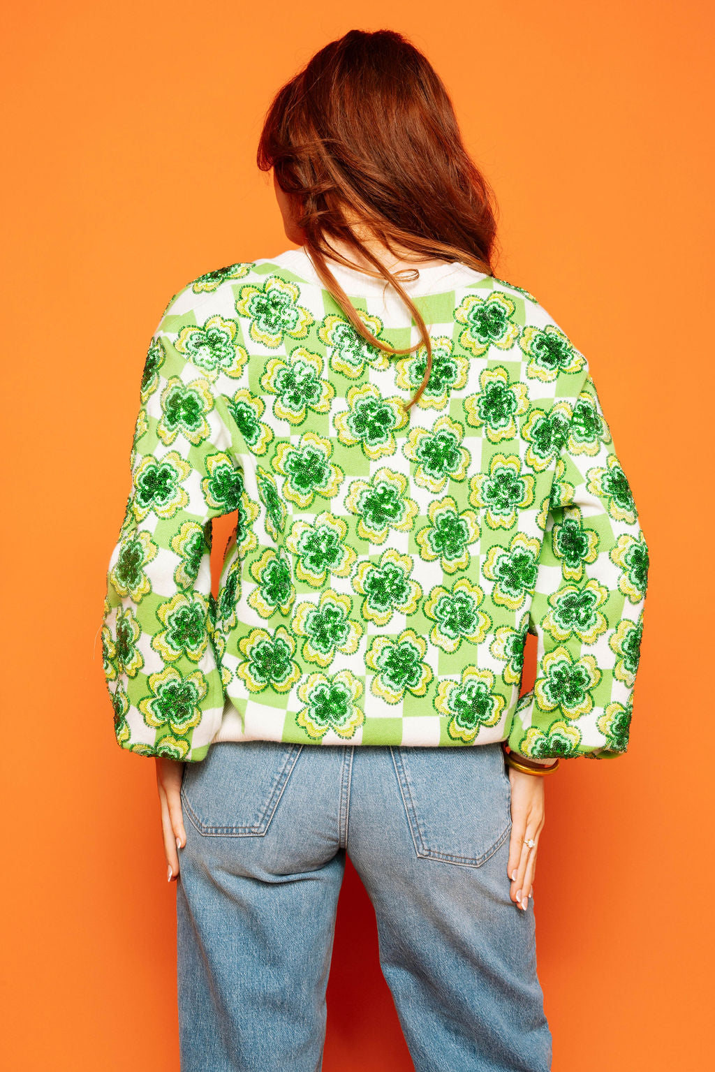 Green & White Checkered Sequin Shamrock Cardigan