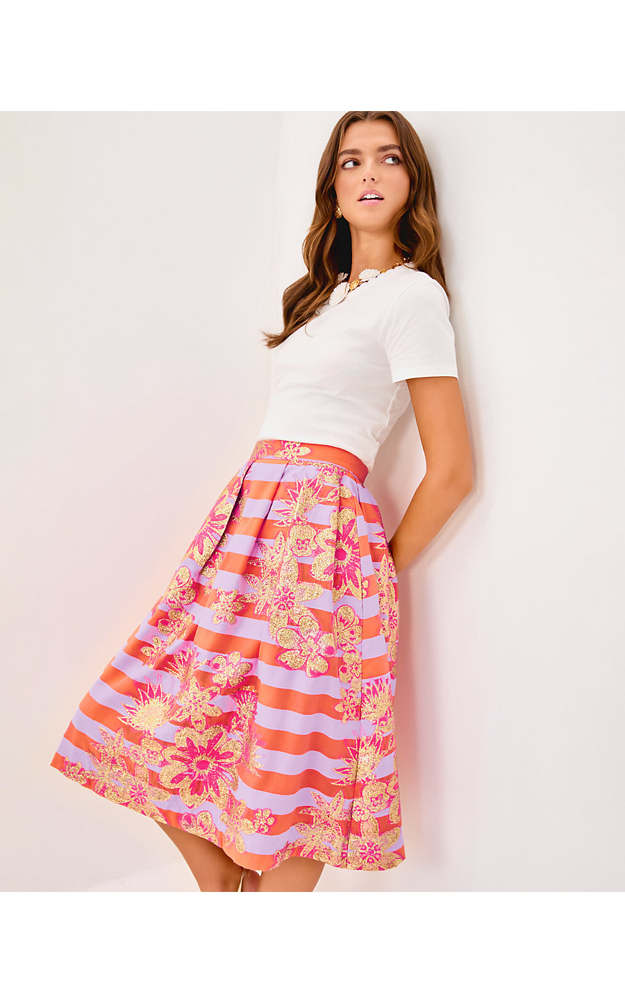Lauderdale Midi Skirt - Papaya - Metallic Floral Stripe