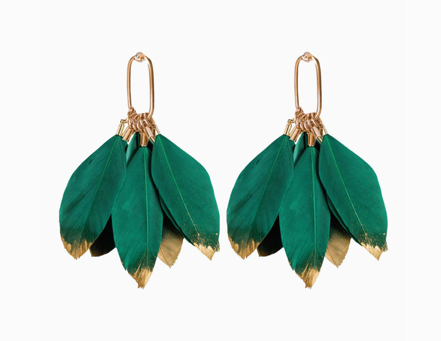 Emerald Gold Dipped Fall Feather Tassel Statement Earrings
