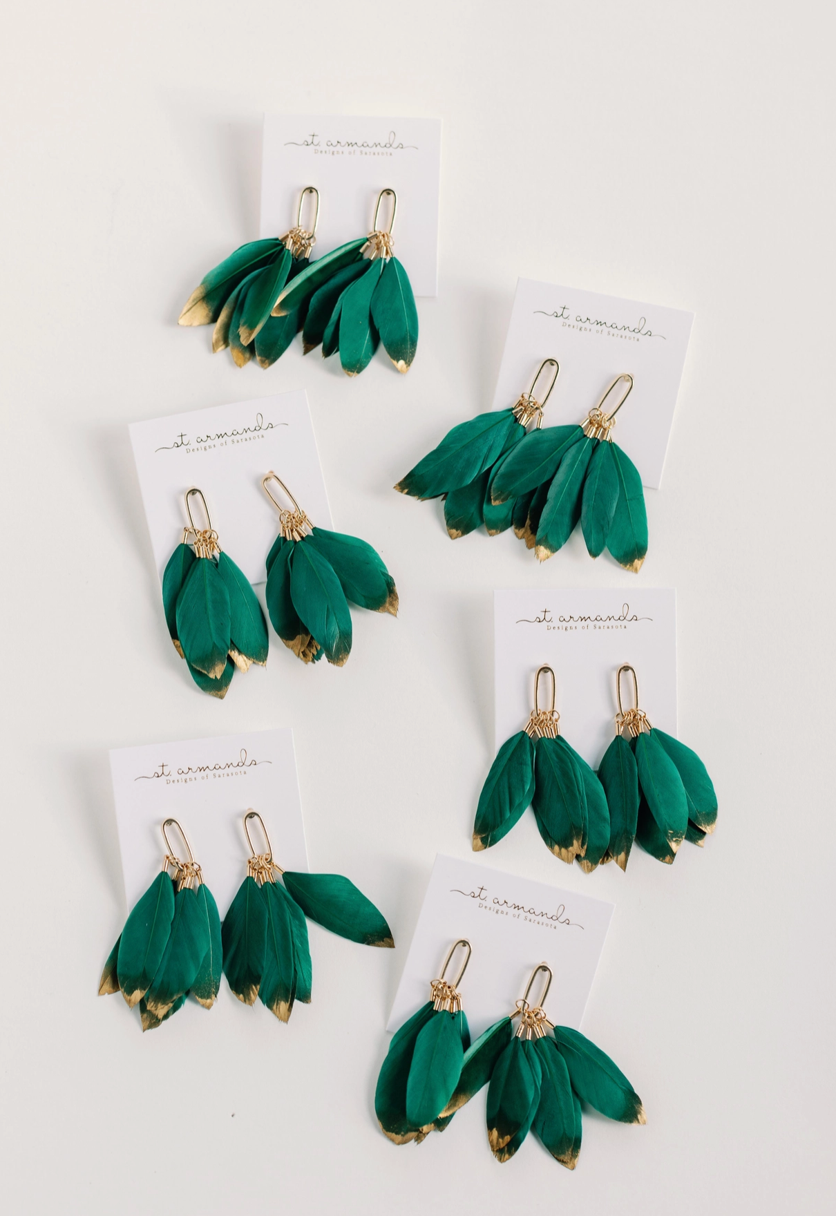 Emerald Gold Dipped Fall Feather Tassel Statement Earrings