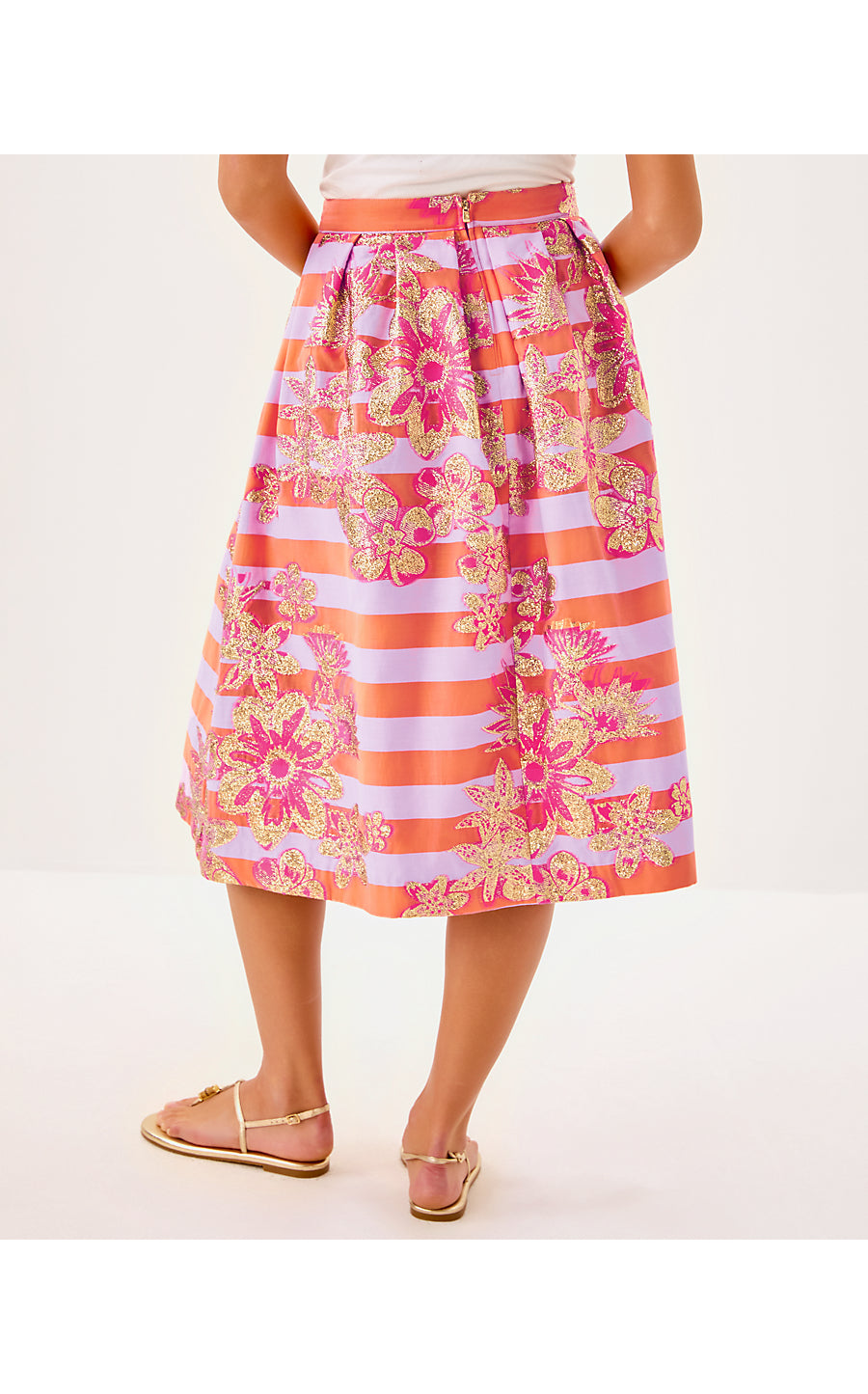Lauderdale Midi Skirt - Papaya - Metallic Floral Stripe