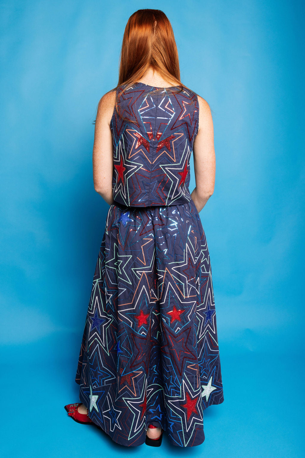 Navy Groovy Star Midi Skirt