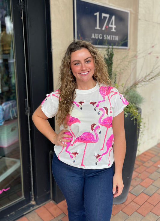 White Flamingos In Santa Hats Oversized Tee