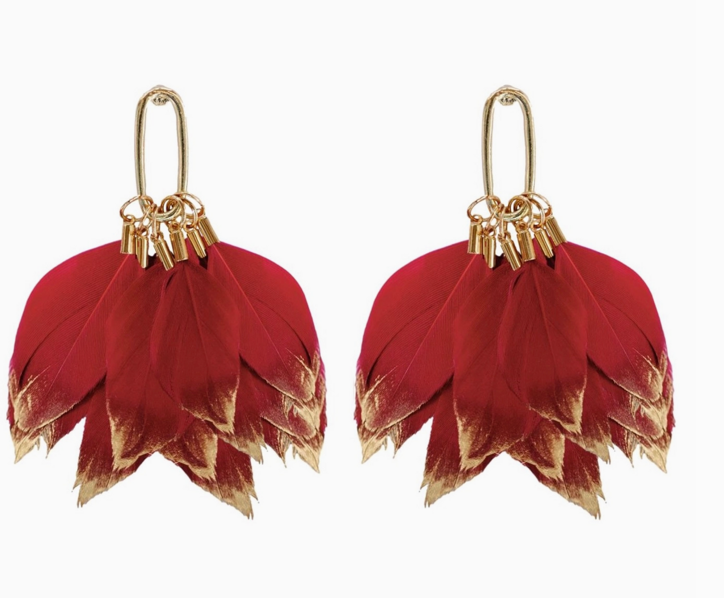 Garnet Gold Dipped Fall Feather Statement Earrings
