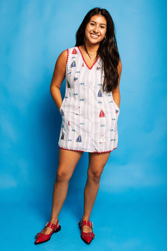 Striped Sailboat V Neck Tank Dress