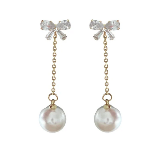 Crystal Bow and Pearl Drop Swingy Statement Earrings