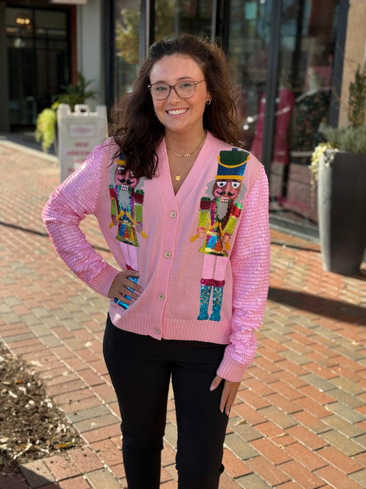 Pink Sequin Sleeve Nutcracker Cardigan