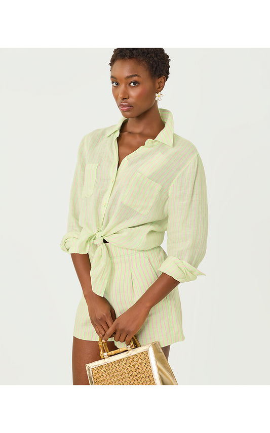 Sea View Button Down - Pistachio Macaron x Conch Shell Pink Stripe