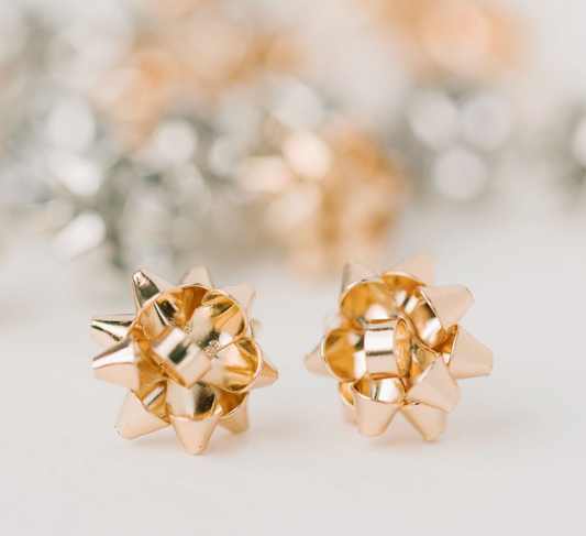 Gold Christmas Present Bow Holiday Earrings