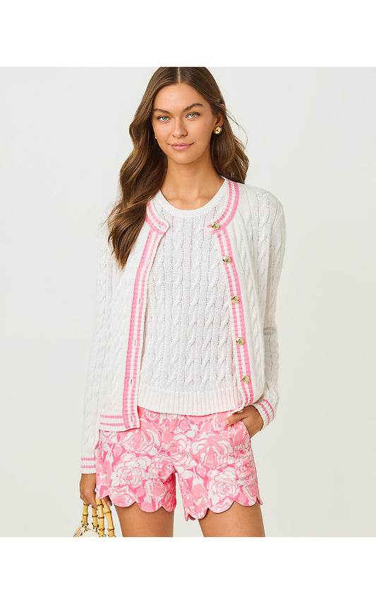 Brockton Crew Neck Cardigan - Resort White x Conch Shell Pink