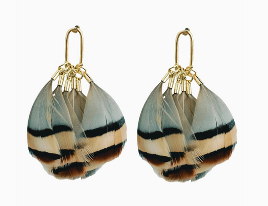 Brown Striped Fall Feather Statement Tassel Earrings