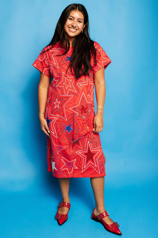 Red, White & Blue Groovy Star Midi Tee Dress