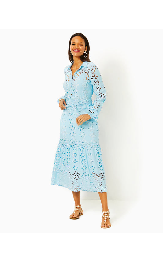 Zia Long Sleeve Eyelet Midi Shirtdress - Hydra Blue