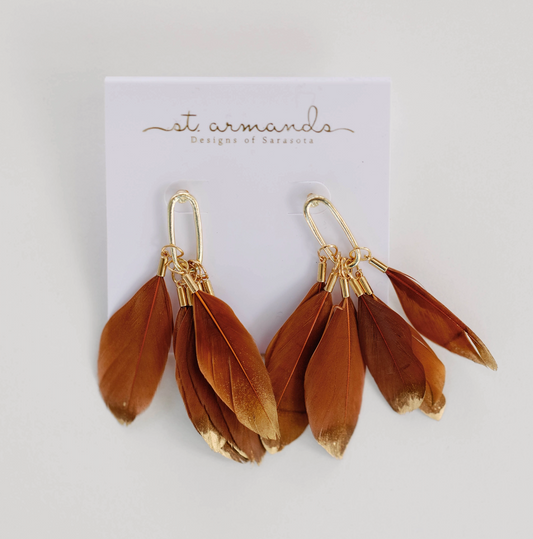 Caramel Gold Dipped Fall Feathers Statement Earrings
