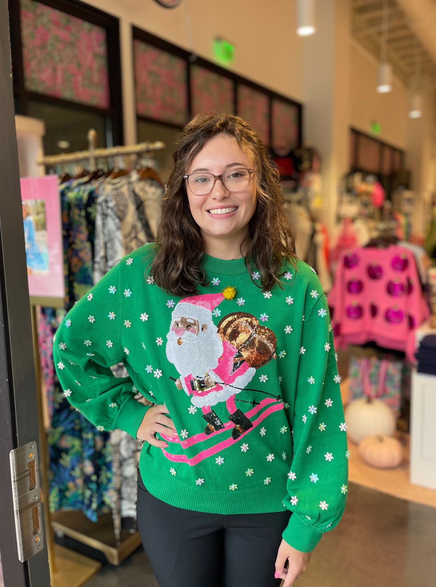 Green & Neon Pink Santa Skiing Sweatshirt