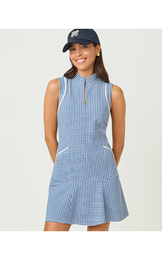 Kathy Flounce Dress - Starlight Navy - Mini Performance Gingham