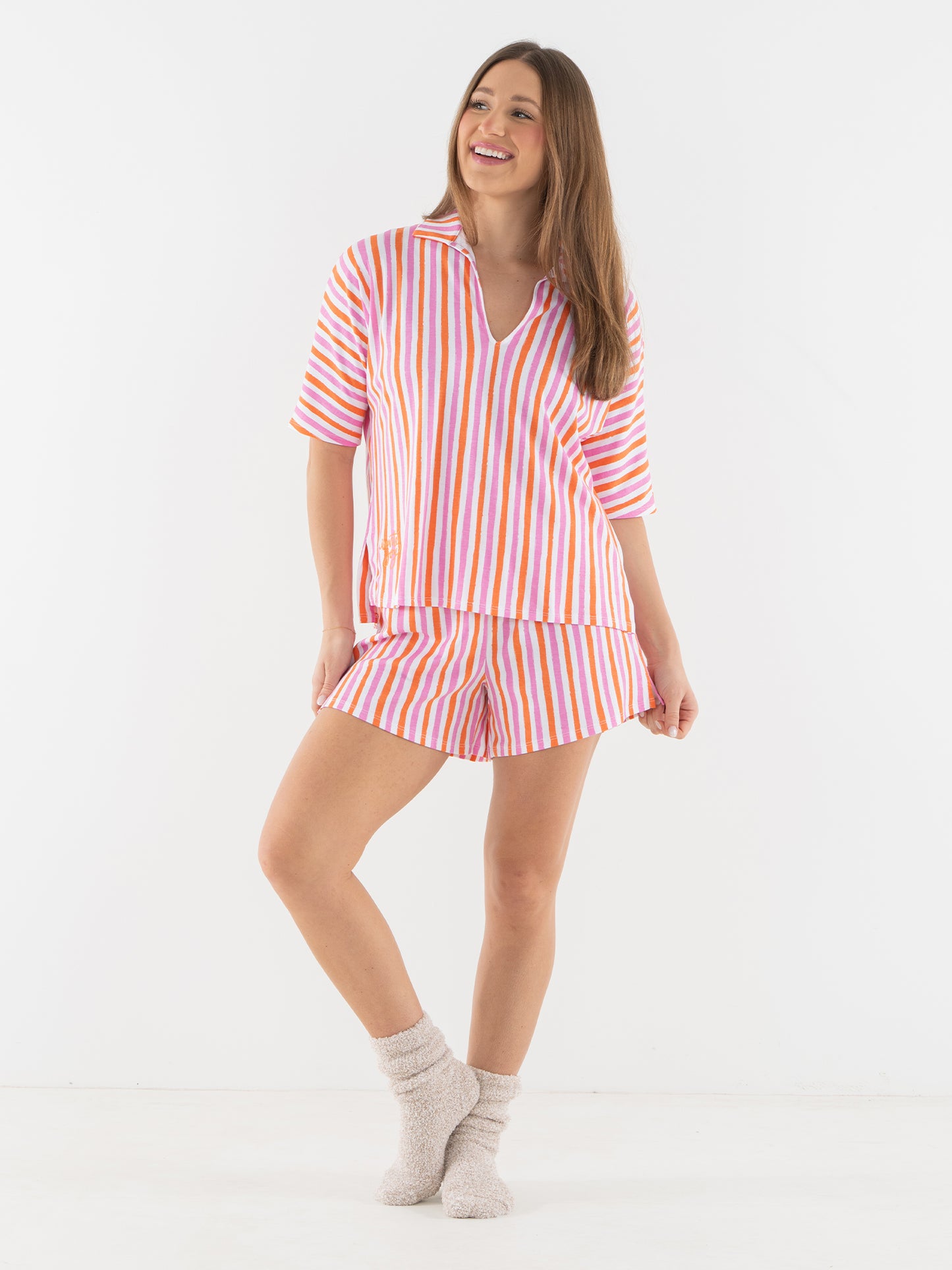 Pajama Short Set - Coral Pink Stripe