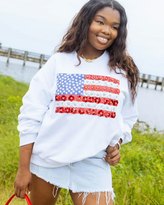 White Flower American Flag Sweatshirt