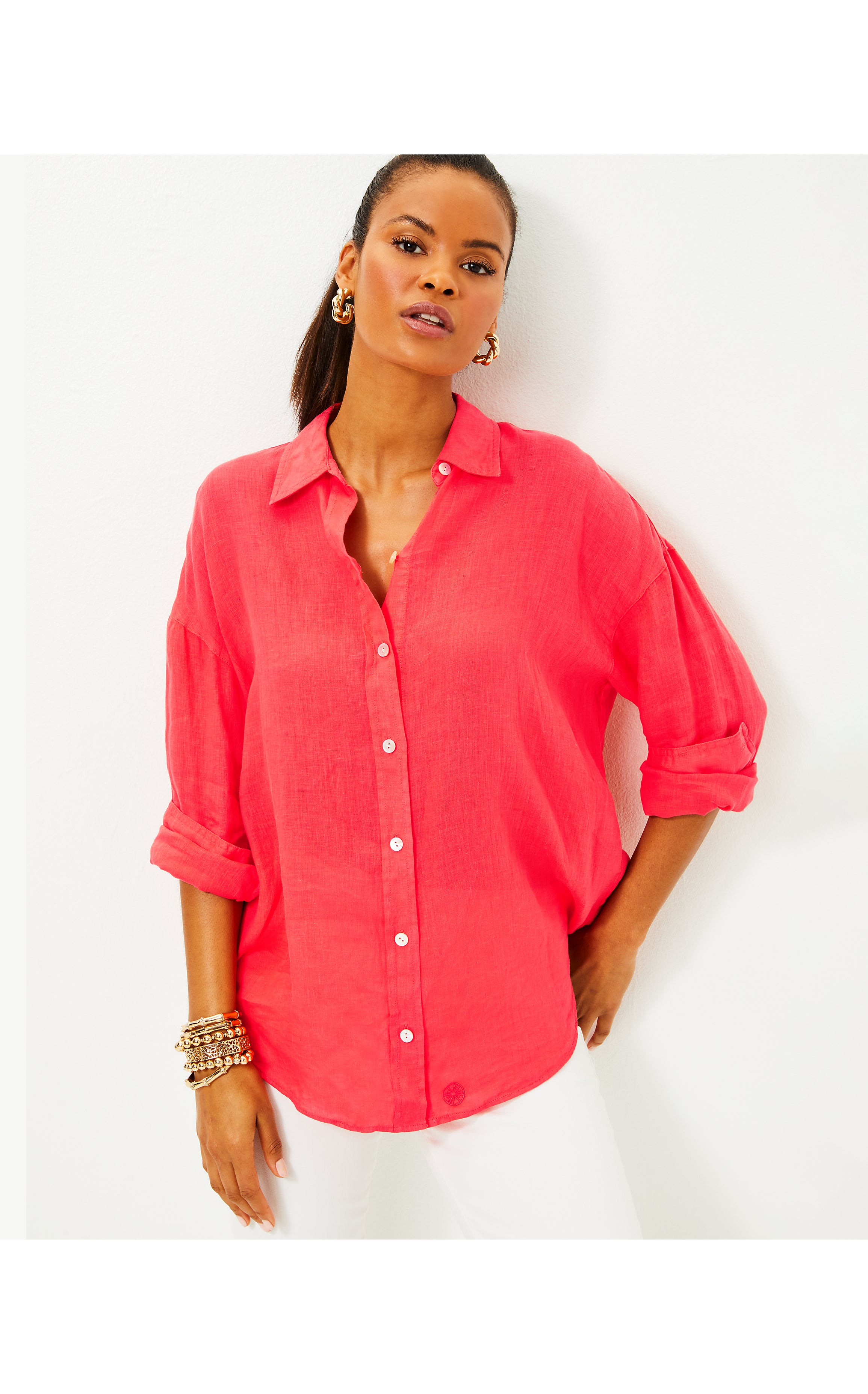 Stevey Relaxed Button Down Linen Shirt - Mizner Red – Pink On Main