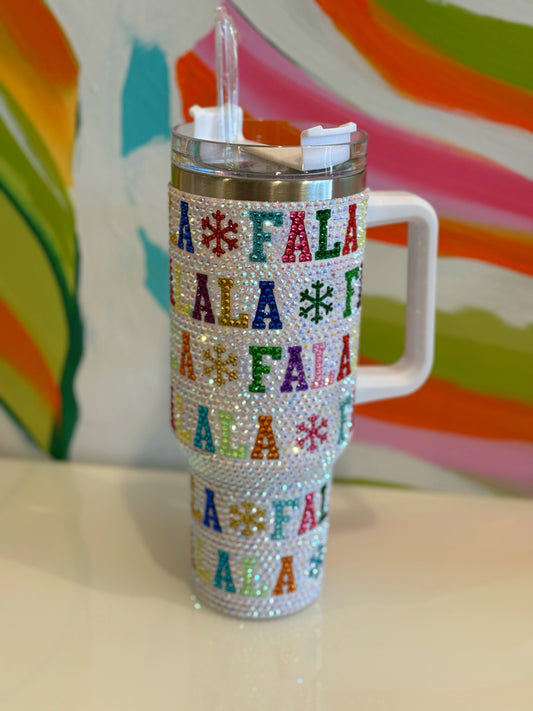 White Multi 'Fa La La" Rhinestone Tumbler