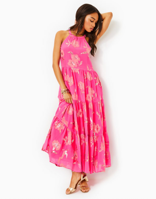 Beccalyn Silk Blend Halter Maxi Dress - Roxie Pink