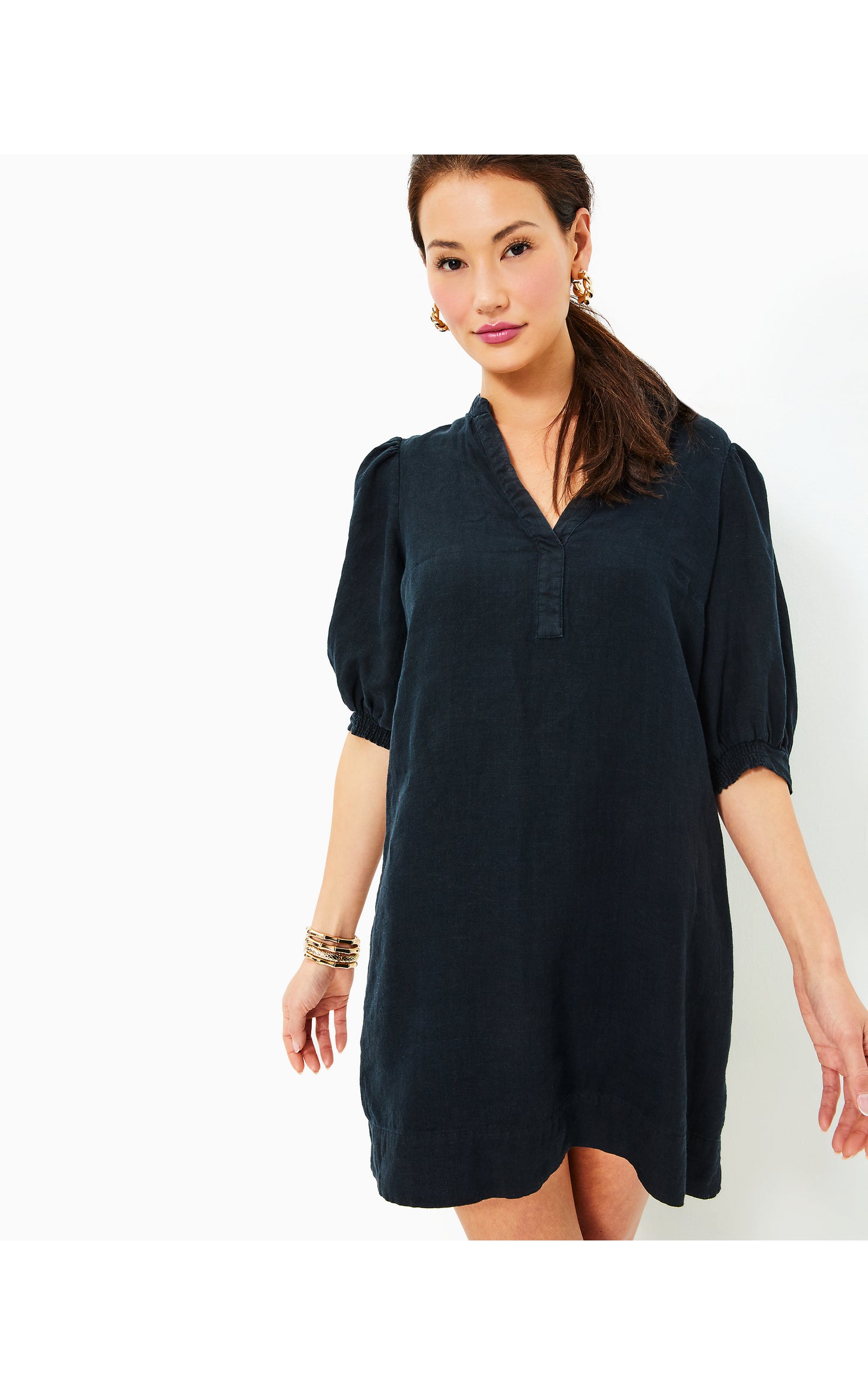 Mialeigh Elbow Sleeve Linen Dress - Noir