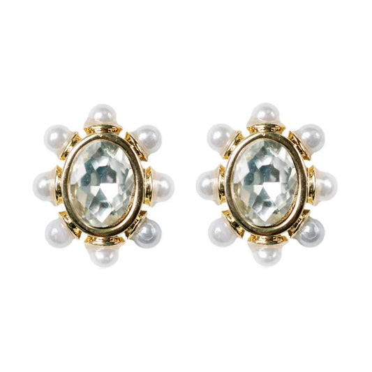 Crystal Pearl Oval Stud Earrings