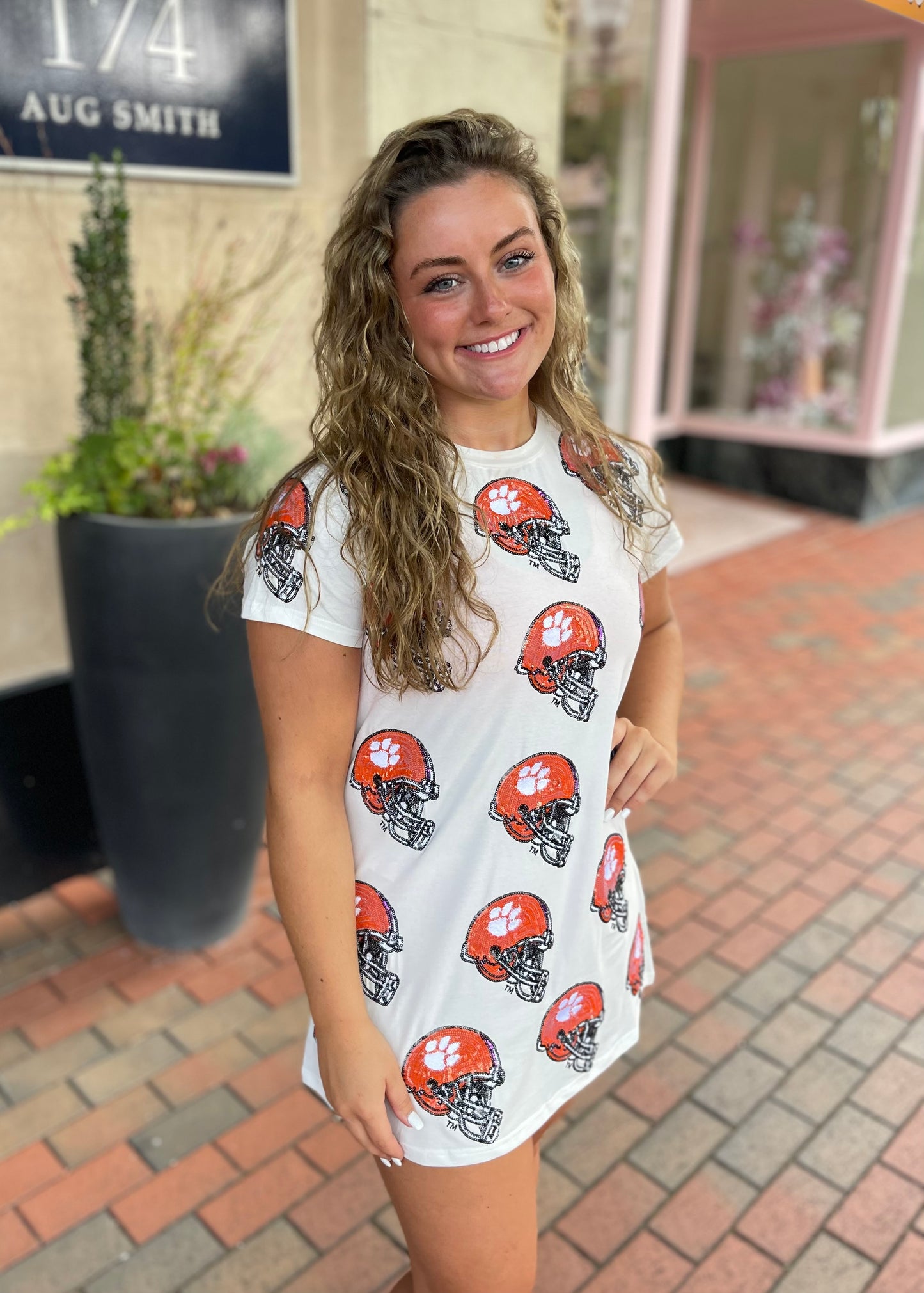 White Clemson Paw Print Helmet Tee Dress