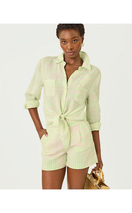 Captina Linen Shorts - Pistachio Green x Conch Shell Pink Stripe