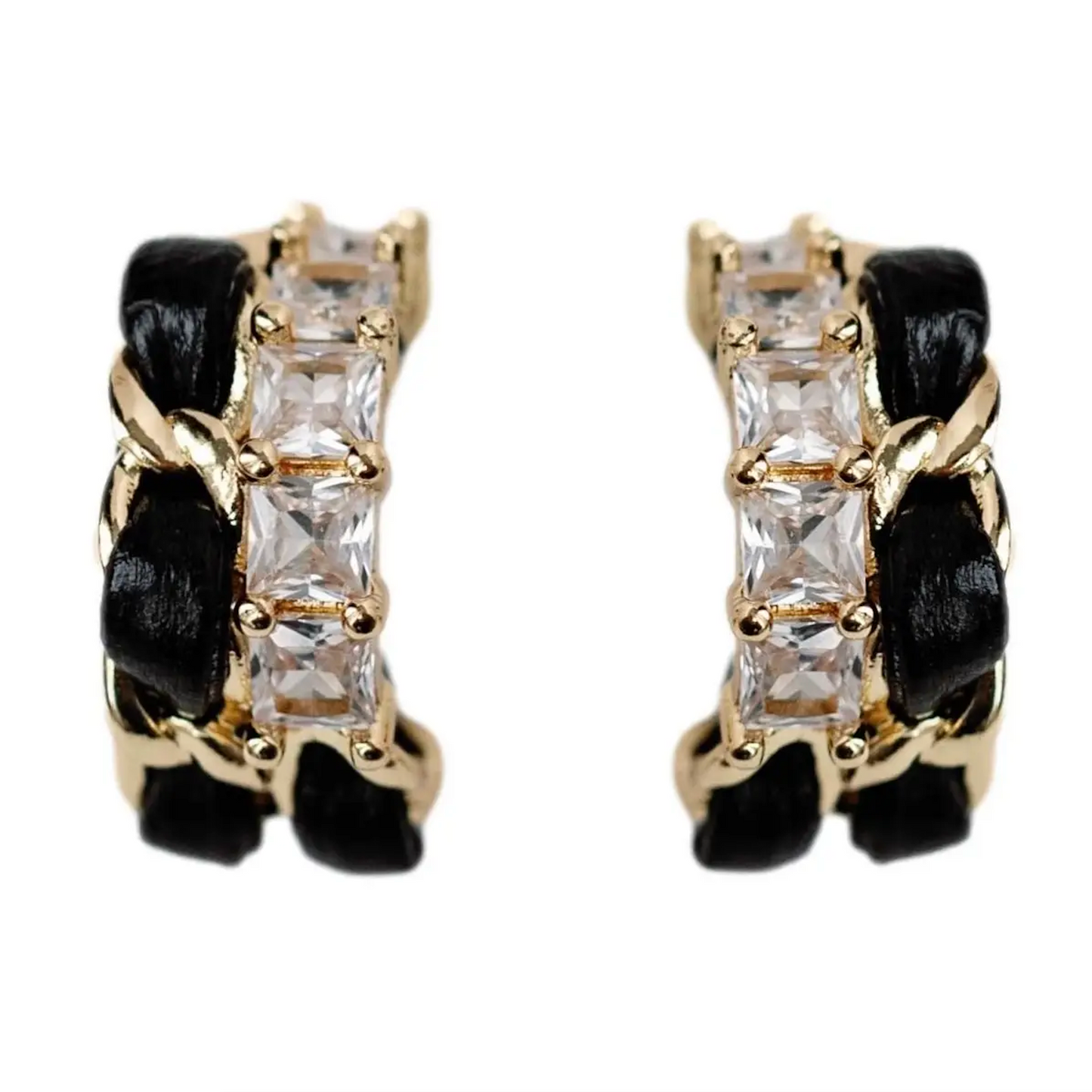 Black Vintage Chain Wrapped Leather Statement Hoop Earrings
