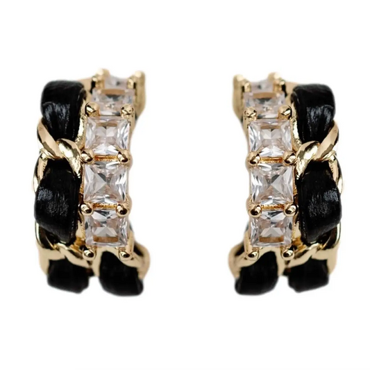 Black Vintage Chain Wrapped Leather Statement Hoop Earrings