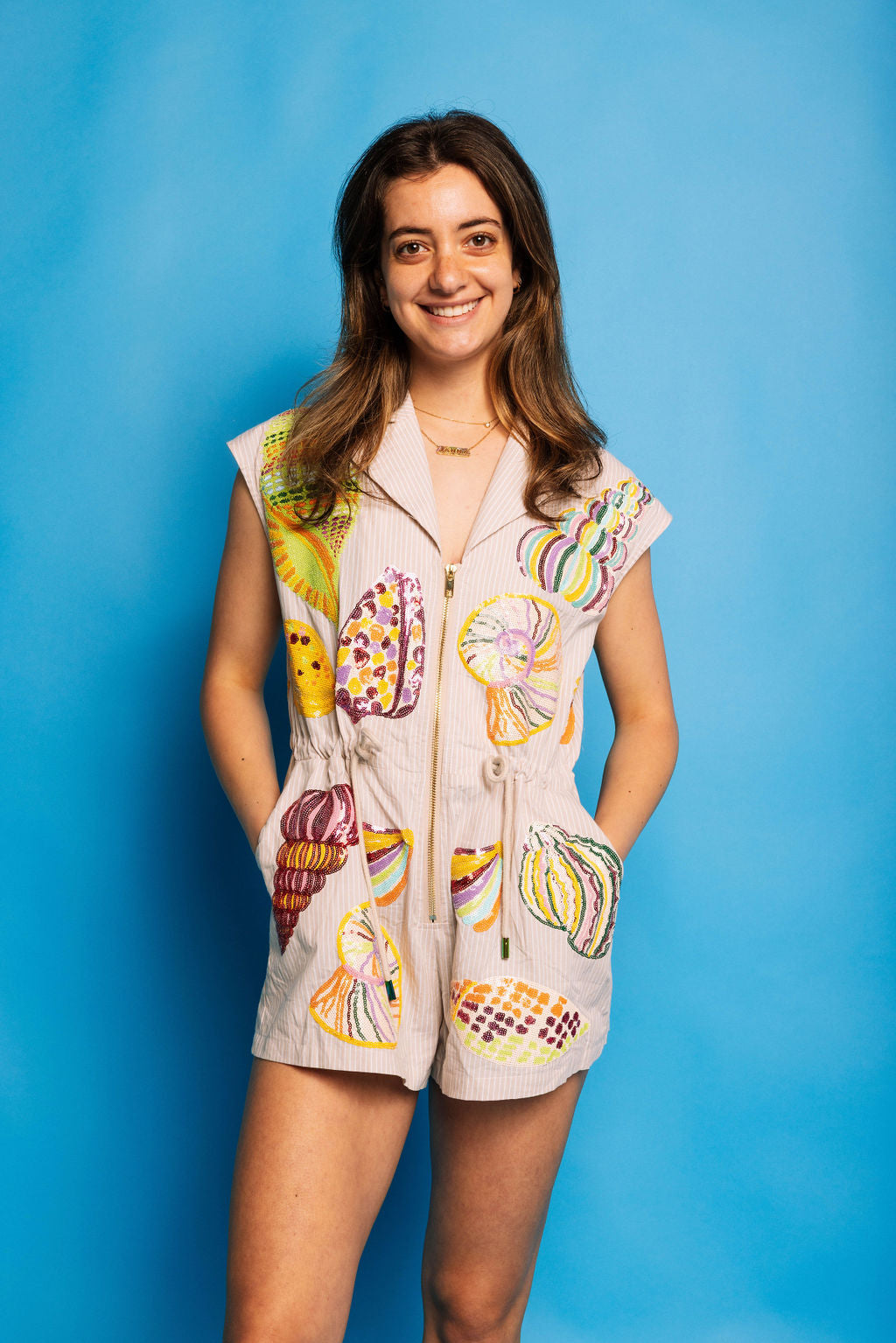 Tan Stripe Multi Shell Tie Collar Romper
