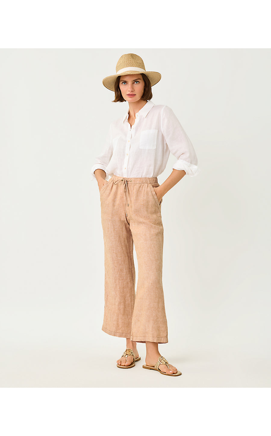 Brawley Linen Crop Pant - Iced Latte x Resort White