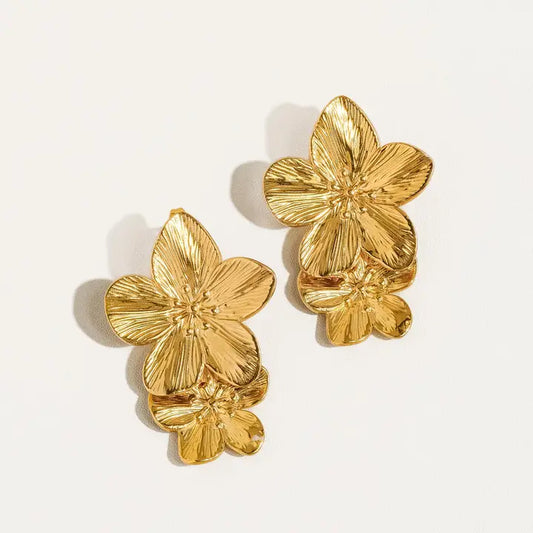 Ivy Statement Stacked Flower Earrings - Yellow Gold
