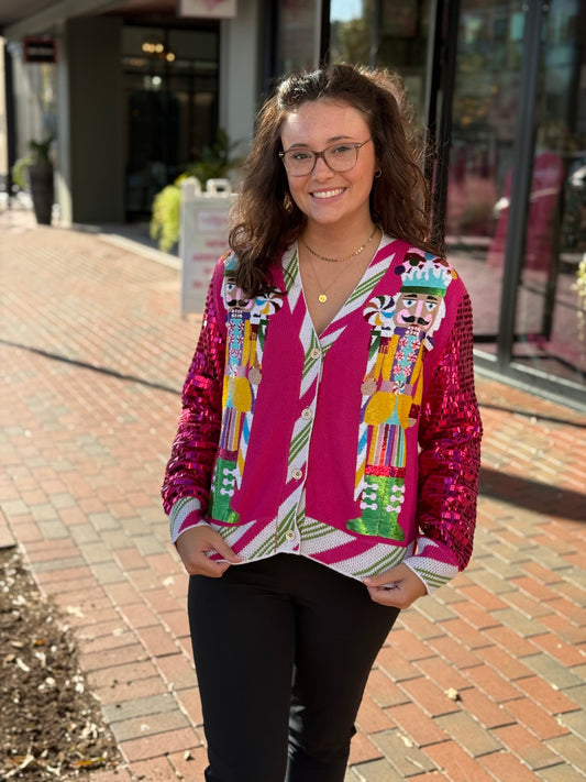 Hot Pink Peppermint Nutcrackers Cardigan