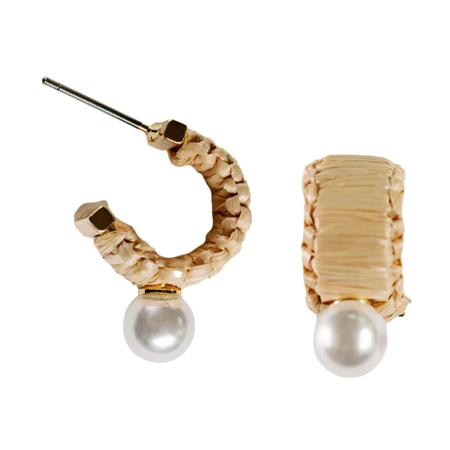 Mini Natural Raffia and Pearl Huggie Hoop Earring