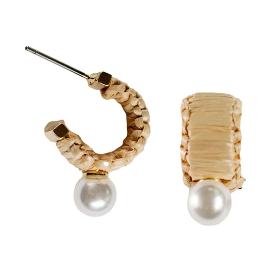 Mini Natural Raffia and Pearl Huggie Hoop Earring